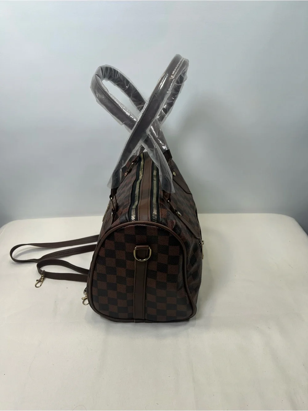 Brown Monogram Style Satchel Purse Gold Tone Hardware Fashion Handbag Flaw